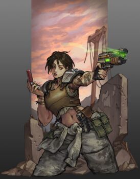 1girl aiming ammunition_pouch arm_tattoo armor black_hair border bulletproof_vest clothes_around_waist cloud cloudy_sky drugs fallout grey_border gun handgun highres holster inhaler jacket jacket_around_waist jet_(fallout) looking_to_the_side midriff orange_sky pauldrons penett pouch ruins short_hair shoulder_armor sky smoke smoking_barrel snake_tattoo solo tattoo utility_pole weapon