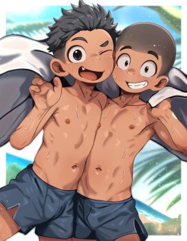 2boys beach black_hair fang male_focus multiple_boys nipples open_mouth original short_hair shorts smile sweat teeth third-party_edit topless_male undercut upper_body waryusa