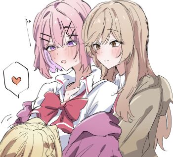 Rule 34 | 3girls, amaori renako, ashigaya high school uniform, blonde hair, blush, bow, bowtie, brown eyes, brown hair, collared shirt, commentary request, girl sandwich, hair ornament, hairclip, heart, kituneginoe, long hair, medium hair, multiple girls, open mouth, ouzuka mai, parallel hairclips, pink hair, purple eyes, red bow, red bowtie, sandwiched, school uniform, sena ajisai, shirt, simple background, smile, spoken heart, sweater vest, watashi ga koibito ni nareru wake naijan murimuri!, white background, white shirt, x hair ornament, yuri