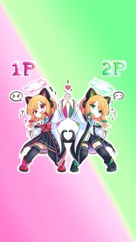 2girls absurdres animal_ear_headphones animal_ears black_skirt black_socks black_thighhighs blonde_hair blue_archive blue_necktie boots bow cat_ear_headphones cat_ears closed_mouth collared_shirt commentary fake_animal_ears forehead full_body green_background green_eyes green_halo hair_between_eyes hair_bow halo headphones heart highres hood hood_down hooded_jacket jacket korean_commentary long_sleeves looking_at_viewer midori_(blue_archive) minimin346539 momoi_(blue_archive) multiple_girls necktie open_mouth pink_background pink_boots pink_eyes pink_halo pleated_skirt red_bow shirt shoes siblings sisters skirt smile socks thighhighs thighhighs_under_boots twins white_jacket white_shirt