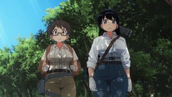 2025 20s 2girls animated animated_gif arato_nagi backpack bag belt black_hair breasts brown_eyes brown_hair brown_pants collared_shirt forest glasses gloves hammer imari_youko large_breasts long_hair long_sleeves multiple_girls nature outdoors pants ruri_no_houseki semi-rimless_eyewear shirt short_hair sidelocks standing striped_clothes tagme tree under-rim_eyewear walking white_gloves white_shirt