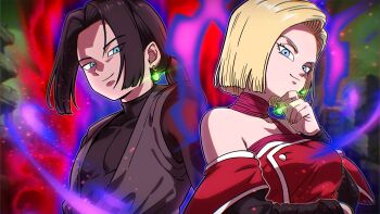 1boy 1girl absurdres android_17 android_18 bare_shoulders black_hair black_shirt blonde_hair blue_eyes breasts brother_and_sister cosplay dougi dragon_ball dragon_ball_super dress earrings goku_black goku_black_(cosplay) grey_tunic highres holding_earrings jewelry medium_breasts pea-bean ponytail potara_earrings red_dress shirt short_hair siblings single_earring smirk strapless tunic twins unworn_earring upper_body