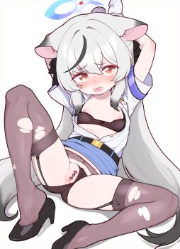 1girl absurdres alternate_costume animal_ears arms_up belt black_belt black_bra black_garter_belt black_hair black_panties black_shoes black_thighhighs blue_archive blue_halo blue_skirt blush bra bra_pull brown_eyes censored clothes_lift clothes_pull clothing_aside commentary crying crying_with_eyes_open cuffs embarrassed flat_chest garter_belt gloves grey_hair halo handcuffs heart heart_censor high_heels highres kokona_(blue_archive) lk149 loli long_hair lower_teeth_only miniskirt multicolored_hair nipples nose_blush open_clothes open_mouth open_shirt panties panties_aside partially_unbuttoned pencil_skirt police police_uniform policewoman pussy revision shirt shoes short_sleeves simple_background skirt skirt_lift solo spread_legs streaked_hair tears teeth thighhighs tiger_ears tiger_girl torn_clothes torn_thighhighs two-tone_hair underwear very_long_hair white_background white_gloves white_shirt