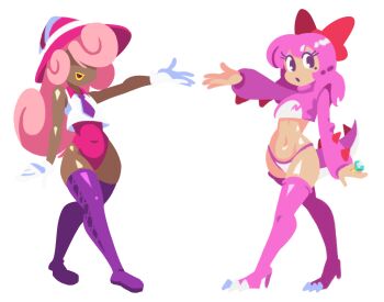 2girls birdo dark-skinned_female dark_skin eyelashes eyeshadow female_focus flat_chest gloves hair_ribbon hat humanization jewelry lipstick makeup mario_(series) minuspal multiple_girls navel nintendo panties paper_mario paper_mario:_the_thousand-year_door personification pink_hair purple_eyes red_ribbon ribbon ring thick_thighs thighs transparent_background underwear vivian_(paper_mario) white_gloves wide_hips witch_hat yellow_lips