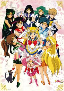 1990s_(style) 6+girls aino_minako aqua_eyes aqua_hair aqua_skirt arm_up back_bow bishoujo_senshi_sailor_moon bishoujo_senshi_sailor_moon_s black_cat black_eyes black_hair black_skirt blonde_hair blue_eyes blue_hair blue_sailor_collar blue_skirt boots bow brooch brown_hair cat chibi_usa choker crescent crescent_earrings earrings elbow_gloves garnet_rod gloves green_hair green_sailor_collar green_skirt hair_bobbles hair_ornament hand_on_own_hip high_ponytail highres hino_rei jewelry kaiou_michiru kino_makoto knee_boots leotard light_brown_hair lipstick logo long_hair looking_at_viewer looking_back luna_(sailor_moon) magical_girl makeup meiou_setsuna miniskirt mizuno_ami multicolored_skirt multiple_girls non-web_source official_art one_eye_closed open_mouth orange_sailor_collar orange_shoes orange_skirt parted_bangs pink_boots pink_eyes pink_hair pink_sailor_collar pink_skirt pleated_skirt polearm ponytail poster_(medium) purple_eyes red_eyes red_footwear red_lips red_sailor_collar red_skirt retro_artstyle sailor_chibi_moon sailor_collar sailor_jupiter sailor_mars sailor_mercury sailor_moon sailor_neptune sailor_pluto sailor_saturn sailor_senshi sailor_uranus sailor_venus shoes silence_glaive skirt smile standing star_(symbol) star_earrings strappy_heels super_sailor_chibi_moon super_sailor_jupiter super_sailor_mars super_sailor_mercury super_sailor_moon super_sailor_neptune super_sailor_pluto super_sailor_saturn super_sailor_uranus super_sailor_venus tadano_kazuko ten&#039;ou_haruka tiara toei_company tomoe_hotaru tsukino_usagi v very_long_hair w waving weapon wink