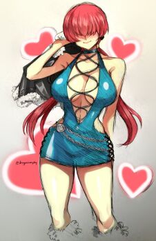 1girl breasts curvy d-ryuu dragonsinmysky dress earrings female_focus fishnets fluffy heart huge_breasts jacket jewelry large_breasts long_hair no_bra pale_skin red_hair shermie_(kof) shiny_clothes shiny_skin skirt smile smiley_face the_king_of_fighters thick_thighs thighs twintails undressing