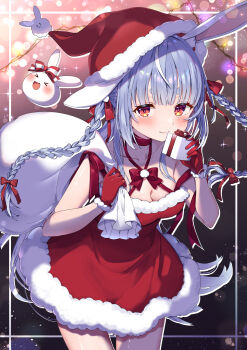 Rule 34 | 1girl, absurdres, alternate costume, animal ear fluff, animal ears, blue hair, blurry, blush, bokeh, braid, breasts, christmas, cleavage, collarbone, commentary request, depth of field, dress, fur-trimmed dress, fur-trimmed gloves, fur trim, gift, gloves, grey hair, hair ornament, hat, highres, holding, holding gift, holding sack, hololive, long hair, looking at viewer, mi kamii2, multicolored hair, pekomon (usada pekora), rabbit ears, rabbit girl, red dress, red eyes, red gloves, red hat, red ribbon, ribbon, sack, santa costume, santa dress, santa hat, smile, solo, sparkle, standing, thick eyebrows, twin braids, two-tone hair, usada pekora, virtual youtuber, white hair