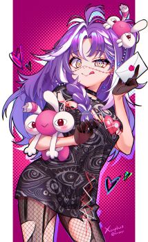 1girl absurdres black_dress braid choker dress earrings fishnet_pantyhose fishnets heart highres jared_(michi_mochievee) jewelry letter long_hair looking_at_viewer michi_mochievee michi_mochievee_(1st_costume) multicolored_hair pantyhose scar scar_on_face single_braid smile solo stitched_face stitches streaked_hair tongue tongue_out torn_clothes torn_pantyhose twitter_username virtual_youtuber vshojo xeapher yellow_eyes