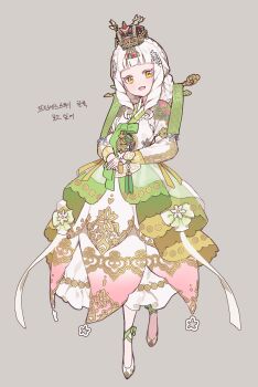 Rule 34 | 1girl, :d, black hat, blunt bangs, colored eyelashes, commentary request, curly sidelocks, dolldolldd, dot nose, dress, full body, green dress, grey background, hat, highres, himitsu no aipri, korean commentary, korean text, light blush, long hair, looking at viewer, multicolored dress, open mouth, own hands together, pink dress, pretty series, shoes, smile, solo, standing, suzukaze tsumugi (princess aipri), symbol-shaped pupils, translation request, triangle-shaped pupils, white dress, white hair, white shoes, yellow dress, yellow eyes