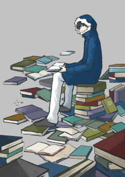 00s 1boy aoi aoi_(gits) book book_stack chief coat ghost_in_the_shell ghost_in_the_shell:_stand_alone_complex honmuri laughing_man_(gits) male_focus open_book reading sitting solo