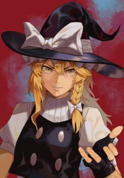 1girl black_gloves black_hat black_vest blonde_hair bow braid double-parted_bangs fingerless_gloves gloves hair_between_eyes hair_bow hat hat_bow highres kirisame_marisa long_hair looking_at_viewer onionmay parted_lips puffy_short_sleeves puffy_sleeves reaching reaching_towards_viewer red_eyes shirt short_sleeves side_braid single_braid smile solo touhou upper_body v-shaped_eyebrows vest white_bow white_shirt witch_hat yellow_eyes