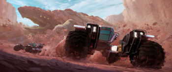 absurdres alien blue_sky canyon cliff commentary day destruction driving dust english_commentary facing_viewer felixriano highres kaiju monster motor_vehicle no_humans original painterly rock scenery science_fiction sharp_teeth sky teeth wheel