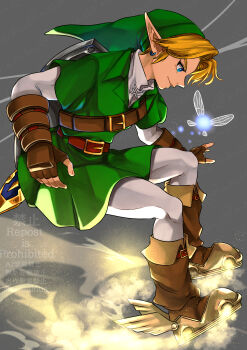 1boy absurdres blonde_hair blue_eyes boots earrings green_hat green_tunic grey_background hat highres jewelry leather leather_boots link male_focus mi9clous navi nintendo pants pointy_ears shield shield_on_back shirt sword sword_on_back the_legend_of_zelda the_legend_of_zelda:_ocarina_of_time tunic vambraces weapon weapon_on_back white_pants white_shirt