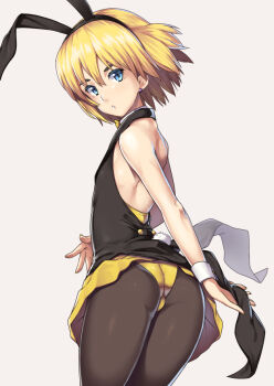1boy androgynous animal_ears armin_arlert ass blonde_hair crossdressing crossdressing_(mtf) earrings fake_animal_ears from_behind hairband jewelry looking_back male_focus male_playboy_bunny nagase_haruhito pantyhose playboy_bunny rabbit_ears rabbit_tail shingeki_no_kyojin short_hair simple_background skirt solo tail tailcoat trap usamin wrist_cuffs