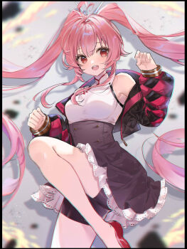 1girl ahoge arm_up bike_shorts bike_shorts_under_skirt black_skirt blush breasts chaos_zero_nightmare cropped_jacket heart heart_ahoge high-waist_skirt highres jacket knee_up long_hair long_sleeves looking_at_viewer mei_lin_(chaos_zero_nightmare) nii_(okehnzfa0k0wztq) open_clothes open_jacket pink_hair puffy_long_sleeves puffy_sleeves red_eyes skirt smile solo twintails very_long_hair zipper