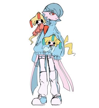 1girl 2others alternate_color anger_vein angry arms_at_sides black_eyes blank_eyes blue_hair blue_jacket blue_shoes bob_cut carrying carrying_under_arm clothed_pokemon colored_skin cross-laced_shoes expressionless flat_chest flat_color gardevoir gen_3_pokemon hair_ornament hair_over_one_eye hairclip iroai-chan jacket jirachi leg_warmers legendary_pokemon long_sleeves looking_to_the_side multiple_others mythical_pokemon nintendo on_shoulder one_eye_covered open_mouth parallel_hairclips parted_lips pink_skin pocket pokemon pokemon_(creature) pokemon_on_shoulder red_eyes red_sweater shiny_and_normal shiny_pokemon shoes short_hair simple_background sketch sleeves_past_fingers sleeves_past_wrists standing sweater thighhighs turtleneck turtleneck_jacket white_background white_leg_warmers white_thighhighs wing_hair_ornament x_hair_ornament zettai_ryouiki zipper_pull_tab