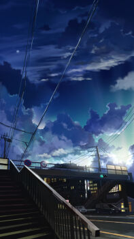 blue_sky car cloud cloudy_sky evening highres motion_lines motor_vehicle no_humans original outdoors power_lines railing remosse512 road scenery sky speed_lines stairs traffic_light