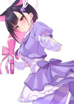 1girl absurdres animal_ears black_hair blue_archive blush cat_ears colored_inner_hair commentary_request cosplay exiadoon extra_ears gloves halo highres holding holding_wand kazusa_(blue_archive) magical_girl multicolored_hair pantyhose pink_eyes puffy_short_sleeves puffy_sleeves purple_pantyhose red_eyes reisa_(blue_archive) reisa_(blue_archive)_(cosplay) reisa_(magical)_(blue_archive) short_hair short_sleeves simple_background solo striped_clothes striped_pantyhose twisted_torso wand white_background white_gloves