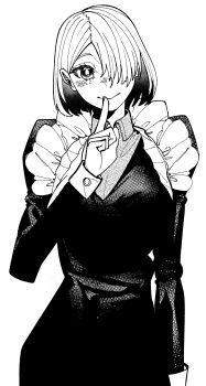 1girl absurdres ben-day_dots blush bright_pupils closed_mouth collared_shirt contrapposto cuff_links dress finger_to_mouth frills greyscale hair_over_one_eye highres juliet_sleeves kamisato_sora long_sleeves looking_at_viewer monochrome original puffy_sleeves screentones shirt short_hair shushing sleeve_cuffs solo white_pupils wrist_cuffs