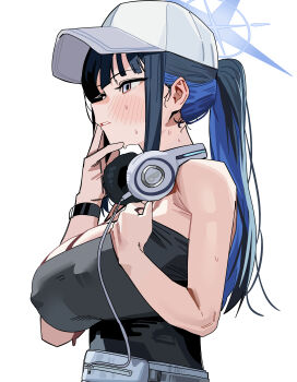 1girl absurdres baseball_cap black_hair black_tank_top blue_archive blue_eyes blue_hair blue_halo blush breasts colored_inner_hair commentary_request covered_erect_nipples cross_halo from_side halo hand_up hat headphones headphones_around_neck highres large_breasts long_hair multicolored_hair no_bra official_alternate_costume official_alternate_hairstyle ponytail ruppu saori_(blue_archive) saori_(swimsuit)_(blue_archive) solo sweat tank_top upper_body white_hat