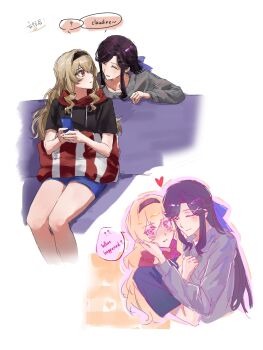 Rule 34 | 2girls, aran sweater, black hairband, black hoodie, blonde hair, blue shorts, blush, bow, brown hair, cable knit, cellphone, cheek-to-cheek, chinese text, closed mouth, couch, cropped legs, cropped torso, drawstring, english text, facing another, feet out of frame, grey sweater, hair between eyes, hair bow, hair ornament, hairband, hand on another's cheek, hand on another's chest, hand on another's face, hand up, hands up, heads together, heart, highres, holding, holding phone, hood, hood down, hoodie, long hair, long sleeves, looking at another, looking at viewer, looking to the side, multiple girls, multiple views, nirvana (w688348960), nose blush, on couch, parted bangs, parted lips, phone, pink eyes, purple bow, saijou claudine, short sleeves, shorts, shoujo kageki revue starlight, sidelocks, sitting, smartphone, smile, speech bubble, sweater, tendou maya, translation request, upper body, wavy hair, white background, x hair ornament, yuri
