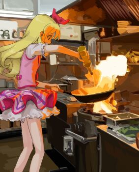 1girl aikatsu! aikatsu!_(series) anisakisu blonde_hair bottle bow commentary_request cooking fire from_side hair_bow highres holding holding_bottle holding_pan hoshimiya_ichigo kitchen long_hair magical_girl pink_bow pink_skirt pink_vest puffy_sleeves skirt solo standing vest