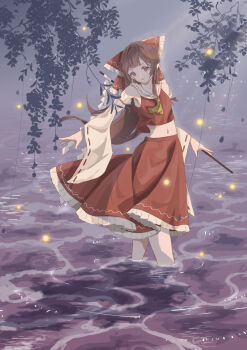 1girl absurdres ascot bow breasts brown_eyes brown_hair commentary_request detached_sleeves frilled_bow frilled_hair_tubes frilled_skirt frills gohei hair_bow hair_tubes hakurei_reimu highres jing-endorphin long_hair looking_at_viewer midriff navel purple_water red_bow red_skirt ribbon-trimmed_sleeves ribbon_trim skirt skirt_set small_breasts solo touhou wading water yellow_ascot