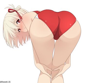 1girl absurdres amen_pose_(meme) ass ass_focus blonde_hair blush buruma commentary_request folded_ponytail from_behind frontbend hair_between_eyes hair_ribbon highres looking_at_viewer looking_back lycoris_recoil meme nishikigi_chisato nose_blush one_side_up presenting_own_ass presenting_own_body red_buruma red_eyes red_ribbon ribbon roswell_ss short_hair simple_background solo thigh_gap thighs white_background