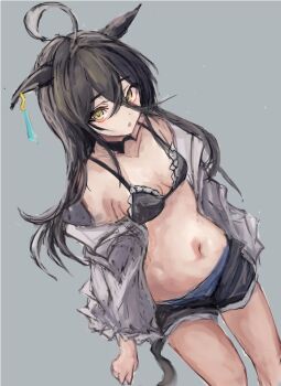 Rule 34 | 1girl, ahoge, animal ears, bare shoulders, bikini, black bikini, black hair, black shorts, breasts, collarbone, commentary request, ear tag, earrings, hair between eyes, horse ears, horse girl, horse tail, jewelry, long bangs, long hair, long hair between eyes, long sleeves, looking at viewer, manhattan cafe (umamusume), multicolored hair, navel, open clothes, open shirt, parted lips, shirt, shorts, simple background, single earring, small breasts, solo, stomach, swimsuit, tail, umamusume, white hair, white shirt, yanagi wakana, yellow eyes