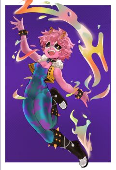 1girl absurdres ashido_mina ben_sadfleck black_boots black_collar black_sclera blue_bodysuit bodysuit boku_no_hero_academia boots border bracelet breasts cleavage collar colored_sclera colored_skin domino_mask eye_mask fangs fur-trimmed_vest fur_trim highres horns jewelry liquid mask medium_breasts open_hands open_mouth pink_hair pink_skin purple_background short_hair smile solo spiked_bracelet spikes vest white_border yellow_eyes yellow_vest