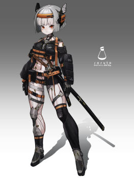 1girl absurdres armor arms_at_sides artist_name belt belt_pouch breasts commentary_request cyborg full_body gradient_background grey_background grey_hair headgear highres looking_at_viewer medium_breasts orange_eyes original pouch science_fiction shadow sheath sheathed short_hair single_thighhigh solo soruto_0w98e standing sword thighhighs toned toned_female two-tone_background variant_set weapon white_background