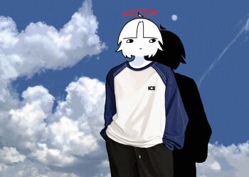 Rule 34 | 1girl, absurdres, ahoge, angel, black pants, blue sky, blue sleeves, chewchewer, closed mouth, cloud, cloudy sky, colored skin, commentary, detached ahoge, english commentary, halo, highres, looking to the side, microsoft paint (medium), original, pants, red halo, shadow, shirt, short hair, sky, solo, sun, white hair, white shirt, white skin