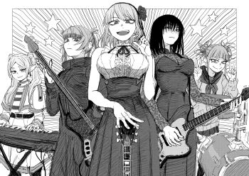Rule 34 | 5girls, absurdres, bass guitar, belt, black dress, black eyes, black hair, black skirt, boku no hero academia, breasts, capelet, center frills, cleavage, closed mouth, collared shirt, crossover, dagashi kashi, double bun, dress, drum, earrings, elf, frieren, frilled shirt, frills, grin, guitar, hair bun, hairband, hand in own hair, high-waist skirt, highres, holding, holding bass guitar, holding guitar, holding instrument, honda kabura, instrument, jewelry, keyboard (instrument), large breasts, long hair, looking at viewer, medium hair, messy hair, monochrome, multiple girls, nanakusa nazuna (yofukashi no uta), pantyhose, pleated skirt, pointy ears, reiquant, school uniform, see-through cleavage, see-through clothes, shaded face, shidare hotaru, shirt, skirt, sleeveless, sleeveless shirt, smile, sousou no frieren, star (symbol), striped clothes, striped shirt, suspender skirt, suspenders, thick eyebrows, toga himiko, twintails, v, white background, white shirt, yofukashi no uta