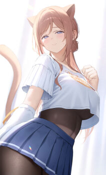 1girl absurdres animal_ears blue_eyes blue_skirt blush bodystocking breasts brown_hair cat_ears cat_tail cropped_shirt gakuen_idolmaster hibimaru highres himesaki_rinami idolmaster kemonomimi_mode large_breasts linea_alba looking_at_viewer pleated_skirt pleated_sleeves shirt skirt solo sweatdrop tail underboob white_arm_warmers white_shirt