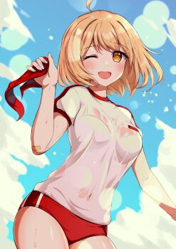 Rule 34 | 1girl, ;d, absurdres, ahoge, bandaid, bandaid on arm, blonde hair, blue sky, blurry, blurry background, bokeh, bra visible through clothes, breasts, buruma, cloud, covered navel, cowboy shot, depth of field, dot nose, floating hair, gym shirt, gym uniform, hand up, haru estia, highres, holding, holding ribbon, looking at viewer, losvje1024, medium breasts, medium hair, one eye closed, open mouth, orange eyes, red buruma, red ribbon, ribbon, shirt, shirt tucked in, short sleeves, sky, smile, solo, soulworker, sparkle, sweat, sweaty clothes, teeth, upper teeth only, wet, wet hair, white shirt