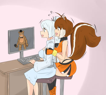 blazblue blazblue:_cross_tag_battle computer crossover five_nights_at_freddy's freddy_fazbear gameplay highres horrified makoto_nanaya rwby scared tikoriko weiss_schnee