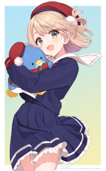 1girl :d artist_self-insert beret blonde_hair blue_background blue_shirt blue_skirt border buttons character_name commentary cowboy_shot eyebrows_hidden_by_hair floating_clothes floating_hair formal_clothes from_below gradient_background green_background green_eyes hair_ornament hair_rings hat highres holding holding_stuffed_toy indie_virtual_youtuber light_blush long_sleeves looking_at_viewer matching_outfits medium_hair open_mouth original pinstripe_pattern pinstripe_suit pom_pom_(clothes) pom_pom_hair_ornament red_hat red_wrist_cuffs romaji_text sailor_collar sanrio school_uniform shigure_ui shigure_ui_(vtuber) shirt skirt smile solo striped stuffed_animal stuffed_penguin stuffed_toy suit swept_bangs tuxedo_sam virtual_youtuber white_border white_sailor_collar wrist_cuffs yellow_background