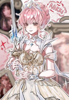 Rule 34 | 1girl, armor, ayao (xinjinjumin1917696), bare shoulders, blue gemstone, blurry, blurry background, breastplate, brown eyes, character name, chest jewel, chinese commentary, clothing cutout, collar, collarbone, colored eyelashes, commentary request, cowboy shot, detached collar, dot nose, dress, eyes visible through hair, frilled arm warmers, game screenshot inset, gem, hair bun, hair intakes, halftone, halftone background, happy, high collar, highres, infinity nikki, light blush, lipstick, makeup, melody bloom (infinity nikki), nikki (nikki), nikki (series), outline, parted lips, picture frame, pink background, pink hair, pink lips, short hair with long locks, short sleeves, shoulder cutout, sidelocks, single hair bun, smile, solo, sparkle, tiara, two-tone background, wavy hair, white arm warmers, white background, white collar, white dress, white outline