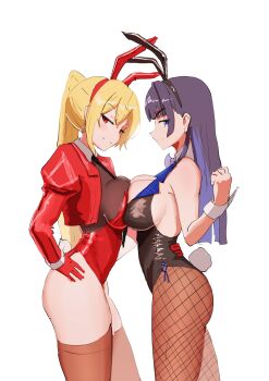 2girls angelchama animal_ears blonde_hair blue_hair breast_press breasts highres hololive hololive_english hololive_indonesia kaela_kovalskia large_breasts multiple_girls ouro_kronii playboy_bunny rabbit_ears red_eyes simple_background symmetrical_docking thighs