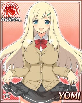 1girl aqua_eyes black_skirt blonde_hair bow bowtie breasts brown_cardigan card_(medium) cardigan closed_mouth curtsey game_cg green_hair_ornament hair_ornament hairclip hebijo_academy_school_uniform large_breasts long_hair long_sleeves looking_at_viewer non-web_source official_alternate_costume official_art open_mouth red_bow red_bowtie school_uniform senran_kagura senran_kagura_new_wave skirt smile solo winter_uniform yomi_(senran_kagura)