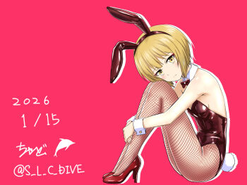 1girl animal_ear_hairband animal_ears black_bow black_bowtie black_leotard blonde_hair bow bowtie breasts commentary_request cutlass_(girls_und_panzer) dated detached_collar fake_animal_ears fishnet_pantyhose fishnets girls_und_panzer hairband high_heels highres hugging_own_legs leotard pantyhose playboy_bunny rabbit_ears rabbit_tail red_background red_shoes s_l_c_dive shoes short_hair simple_background small_breasts solo stiletto_heels strapless strapless_leotard tail wrist_cuffs yellow_eyes