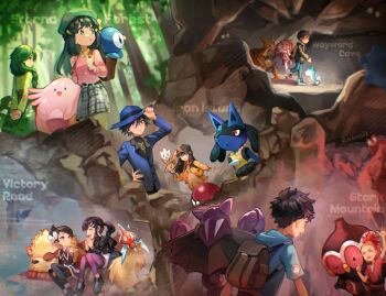 Rule 34 | 3boys, 4girls, arcanine, backpack, bag, belt, black belt, black footwear, black hair, blue headwear, blue jacket, bow, brown bag, buck (pokemon), chansey, cheryl (pokemon), claydol, collared shirt, commentary request, dawn (pokemon), gen 1 pokemon, gen 2 pokemon, gen 3 pokemon, gen 4 pokemon, gliscor, green headwear, grey skirt, hair bow, hat, hood, hood down, huan li, jacket, kadabra, lucario, lucas (pokemon), marley (pokemon), mira (pokemon), multiple boys, multiple girls, nintendo, pachirisu, pink sweater, piplup, poke ball, poke ball (basic), pokemon, pokemon bdsp, riley (pokemon), rotom, rotom (normal), shirt, shoes, short hair, sitting, skirt, sweater, togetic, waving, white bow, yellow shirt