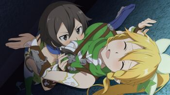 10s 2girls :d black_eyes black_hair blonde_hair blue_scarf breast_press breasts closed_eyes detached_sleeves game_cg grabbing_another&#039;s_breast groping hair_between_eyes hair_ornament indoors leafa_(sao) leafa_(sao:im) lying medium_breasts multiple_girls official_art on_back open_mouth ponytail scarf short_hair sinon sinon_(sao:hf) sleeveless smile sweatdrop sword_art_online sword_art_online:_hollow_realization