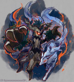 2others alolan_form alolan_ninetales color_contrast commentary_request embers fire foreshortening full_body gen_6_pokemon gen_7_pokemon grey_background grey_fur kantarou_(8kan) multiple_others nintendo orange_outline outline pokemon pokemon_(creature) pokemon_focus red_eyes tagme trevenant twitter_username