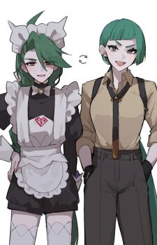2girls absurdres apron black_necktie black_pants collared_shirt cosplay costume_switch ear_piercing earrings green_hair highres jewelry lebanne_(pokemon) maid maid_apron minao_omina multiple_girls necktie nintendo pants piercing pokemon pokemon_legends:_z-a pokemon_sv reverse_trap rika_(pokemon) shirt