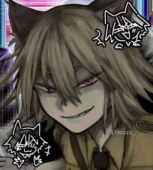 1boy ab1zzz abstract_background animal_ears black_necktie brown_hair brown_shirt cat_boy cat_ears collared_shirt commentary evil_grin evil_smile grin hellsing highres looking_at_viewer male_focus military_uniform nazi necktie pink_eyes portrait schroedinger_(hellsing) shirt short_hair smile solo v-shaped_eyes