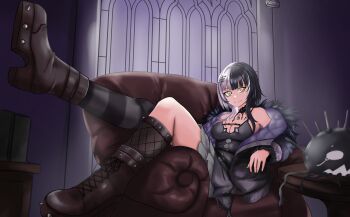 1girl absurdres black_boots black_choker black_coat black_dress black_hair black_nails black_thighhighs boots breasts choker cleavage closed_mouth coat commentary couch dress english_commentary fur-trimmed_coat fur_trim grey_hair highres hololive hololive_english indoors large_breasts long_hair multicolored_hair on_couch purple_coat shiori_novella shiori_novella_(1st_costume) shirohodo single_thighhigh sitting smile solo split-color_hair table thighhighs two-sided_coat two-sided_fabric two-tone_hair virtual_youtuber window yellow_eyes yorick_(shiori_novella)