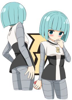 1girl black_tank_top blue_eyes blue_hair blunt_bangs blush bodysuit closed_mouth commentary_request dot_mouth dot_nose feet_out_of_frame grey_bodysuit hand_on_own_chin hand_on_own_thigh highres holding holding_poke_ball logo logo_background logo_print long_sleeves multiple_girls nintendo poke_ball pokemon pokemon_dppt shishiky short_hair simple_background tank_top tank_top_over_bodysuit team_galactic team_galactic_grunt team_galactic_uniform thigh_focus two-tone_tank_top v-shaped_eyebrows white_background white_tank_top