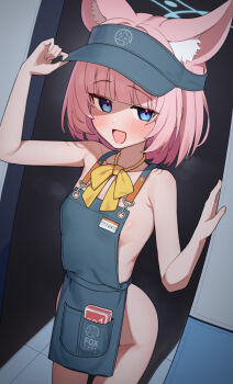 1girl animal_ear_fluff animal_ears apron black_apron blue_archive blue_eyes blue_halo blush bow bowtie breasts character_name clothes_writing condom_box fox_ears fox_girl halo highres loli looking_at_viewer naked_apron niko_(blue_archive) open_mouth pink_hair short_hair small_breasts smile solo tile_floor tiles ushimittsu visor_cap yellow_bow yellow_bowtie