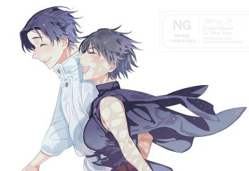 1boy 1girl ^_^ bare_arms belt black_hair black_shirt blue_hair breasts brown_belt burn_scar closed_eyes commentary_request couple from_side hetero high_collar highres jacket jacket_on_shoulders jujutsu_kaisen jujutsu_tech_uniform large_breasts light_particles long_sleeves multiple_scars no_eyewear okkotsu_yuuta open_mouth piyo_ju profile scar scar_on_arm scar_on_face shirt short_hair simple_background smile teeth upper_teeth_only watermark white_background white_shirt zen'in_maki